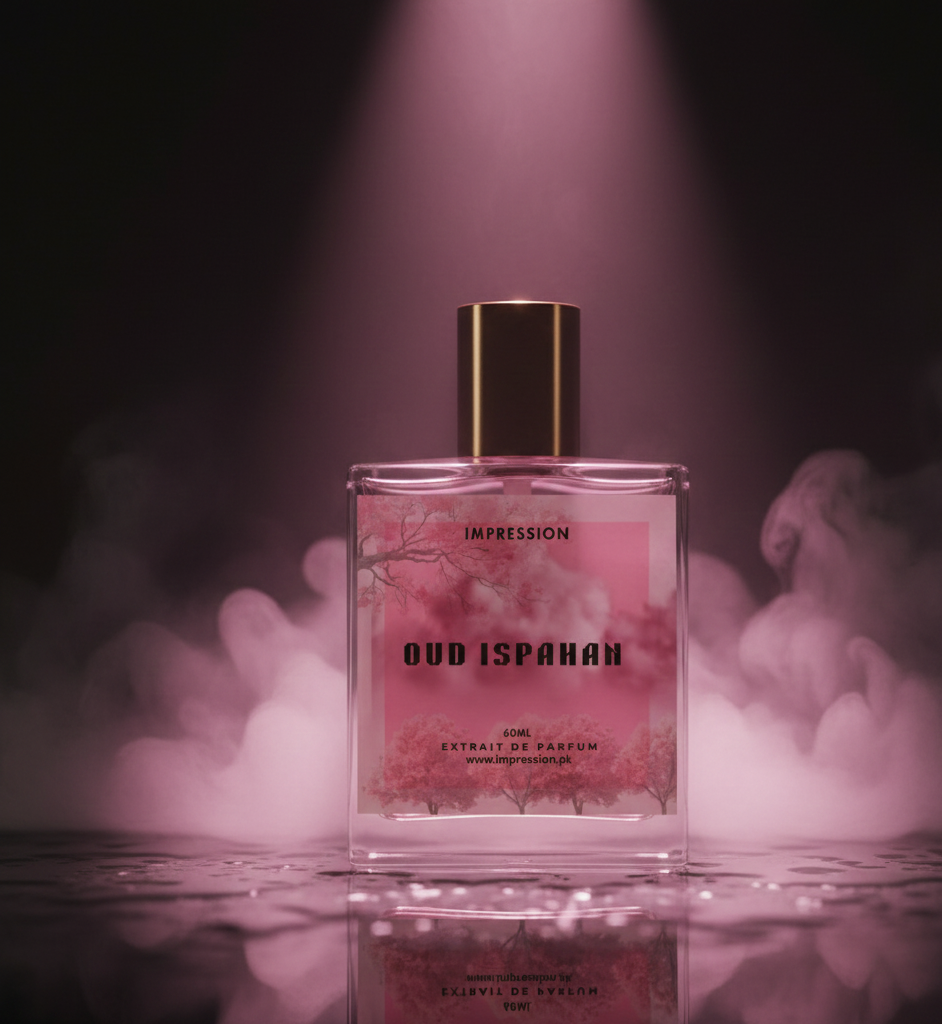 Perfume bottle labeled 'Oud Isfahan' with pink label and gold cap on a reflective surface with smoke effect. 
