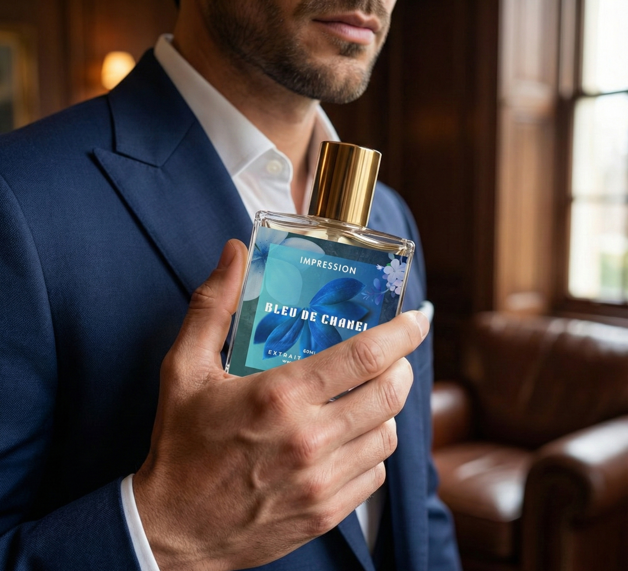 Man holding a Chanel perfume bottle in a well-lit room with a couch in the background